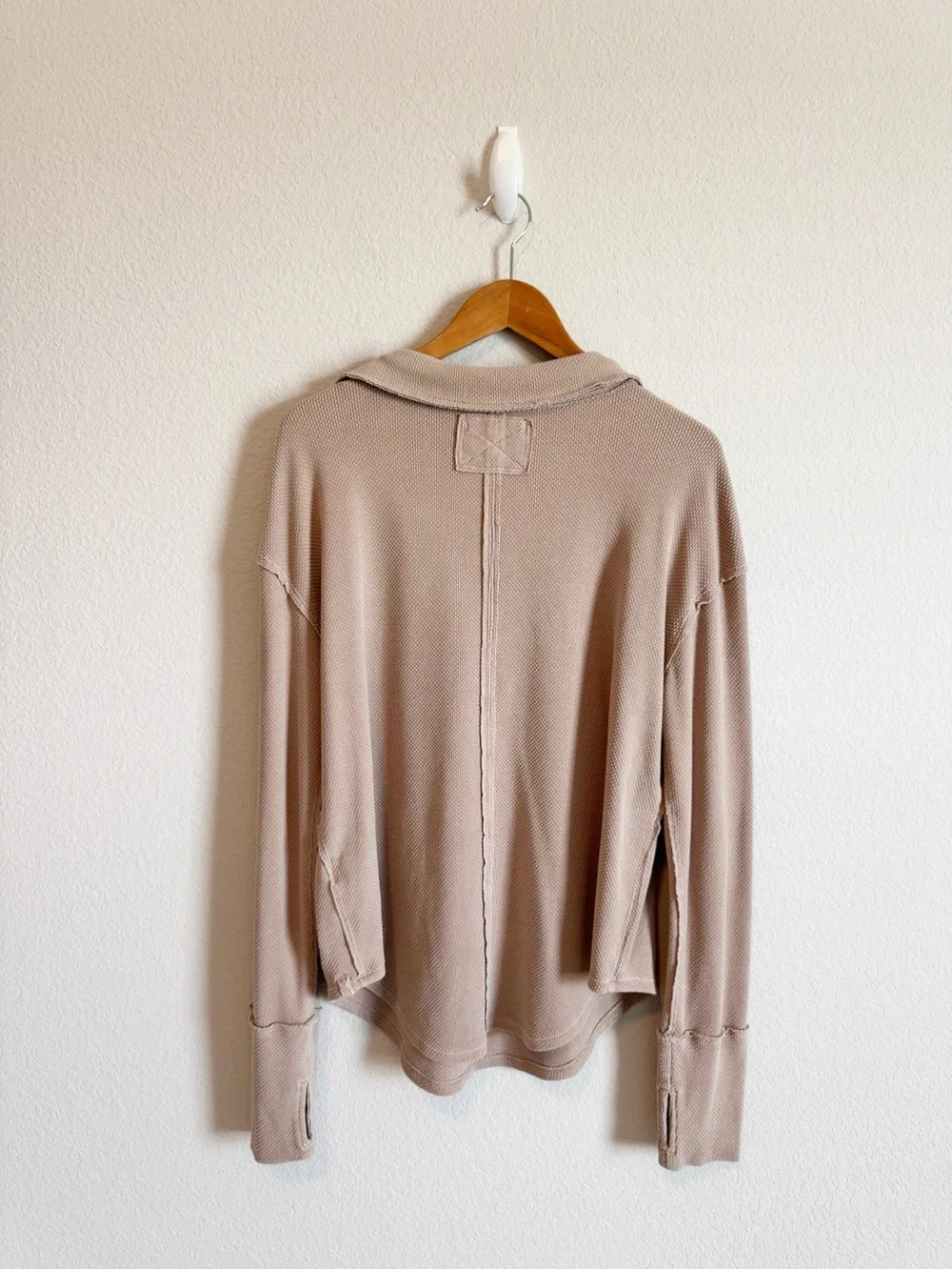 Free People Brown Tan Anakin Collared Thermal Polo Long Sleeve Top Size Large